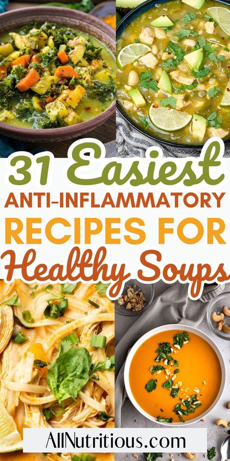 Explore a collection of healthy soup recipes crafted to boost immunity and fight inflammation. These anti inflammation recipes provide delicious options for wholesome and satisfying healthy diet meals. Tumeric Recipes Inflammation, Anti Inflammation Recipes Vegetarian, Anti Inflammation Recipes Summer, Healthy Antiinflammatory Meals, Anti Inflammation Recipe, Anti Inflammation Crockpot Recipes, Detox Soups For Inflammation, Anti Inflammation Soup Recipes, Anti Immflamatory Recipes Lunch