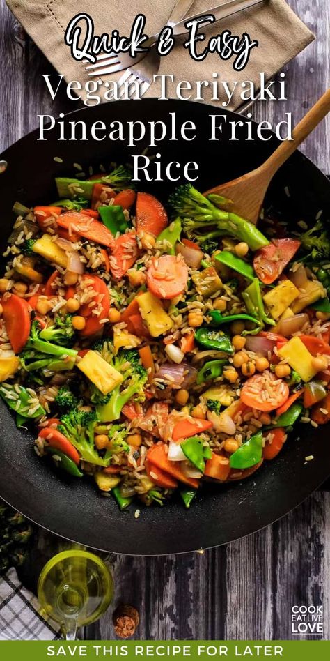 Looking for a fast dinner recipe that’s healthy and easy to whip up? This teriyaki vegan pineapple fried rice is the answer! Perfect for busy weeknights, it's a vibrant dish filled with fresh veggies and sweet pineapple, all ready in under 30 minutes. If you’re short on time but still want something nourishing and delicious, this recipe is a must-try. A satisfying, plant-based meal that’s perfect for the whole family! #easymeals #quickdinner #veganfriedrice Vegan Pineapple Fried Rice Recipe, Vegan Pineapple Fried Rice, Rice With Veggies, Pineapple Fried Rice Recipe, Vegetarian Rice Recipes, Vegan Fried Rice, Pineapple Fried Rice, Quick Easy Vegan, Fast Dinner