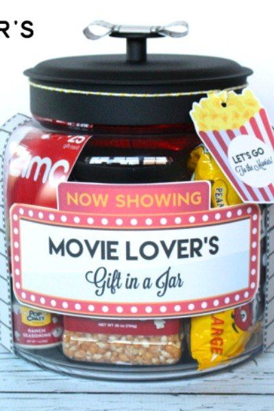 s 23 perfect mason jar gifts for everyone on your list, christmas decorations, crafts, mason jars, For Your Movie Enthusiast Friends Gift In A Jar, Mason Jar Christmas Gifts, Movie Lover Gift, Gifts In A Jar, Wine Bottle Diy Crafts, Gift Giving Ideas, Christmas Mason Jars, Mason Jar Gifts, Christmas Jars