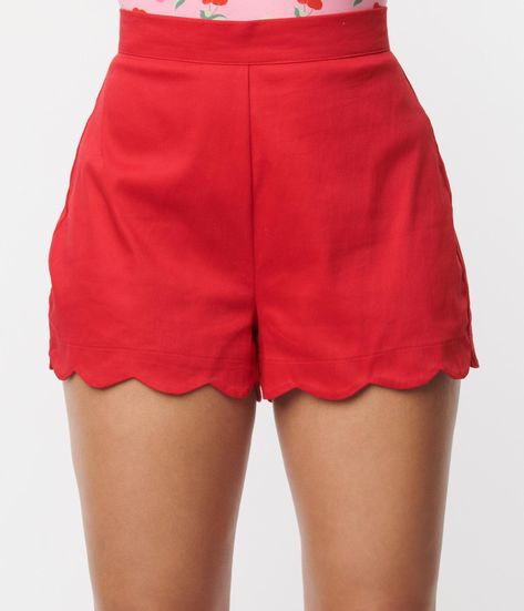 Showing them retro flair, darling! A classic pair of shorts, cast in a red bengaline stretch. Complete with a scallop hem and back zipper. Available in sizes XS-5X while supplies last. 50s Shorts, Red Shorts Outfit, 1950s Shorts, Frilly Shorts, Cookie Factory, Barbie Silhouette, Gameday Outfits, Outfit Aesthetics, Uv Clothing