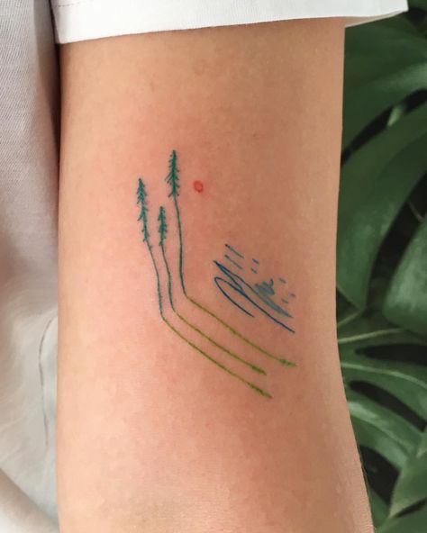 Abstract Mens Tattoos, Color Tiny Tattoo, Color Travel Tattoo, Green Fine Line Tattoo, Tattoos About Adventure, Color Linework Tattoo, Nature Lover Tattoo Ideas, Tree Tattoo Linework, Gap Tattoo Filler