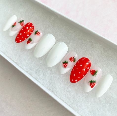 Festival Acrylic Nails, French Nails Summer, Nails Fruit, Nails Festival, Press On Nails French, Strawberry Nails, Fruit Nails, Best Press On Nails, Gel Press On Nails