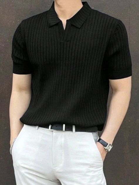 Solid Ribbed Polo Shirt For Men Black Casual  Short Sleeve Rib knit Plain  Medium Stretch  Men Clothing, size features are:Bust: ,Length: ,Sleeve Length: Outfits For Men Black, Men's Summer Outfit, Men's Business Outfits, Polo Shirt Outfits, Polo Outfit, Classy Outfits Men, Men Fashion Casual Shirts, Mens Casual Dress Outfits, Guys Clothing Styles