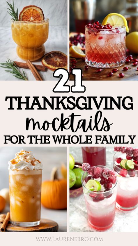 21 Thanksgiving Mocktails For The Whole Family to Enjoy | Lauren Erro Thanksgiving Drinks Mocktail, Friendsgiving Soup Party, Friendsgiving Mock Tails, Thanksgiving Mock Tails, Thanksgiving Mocktail Recipe Pitcher, Thanksgiving Open House Ideas, Thanksgiving Bar Ideas, Thanksgiving Mocktails Non Alcoholic, Thanksgiving Mocktail Non Alcoholic