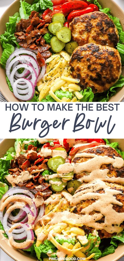 Whole30 Burger Bowl, Burger Bowls Sauce, Burgers Without Buns Ideas, Healthy Summer Dinner Recipes Gluten Free, Turkey Burger Bowl Healthy, Low Carb Power Bowl, Burger In A Bowl Recipe, Low Carb Burgers, High Protein Burger Recipes