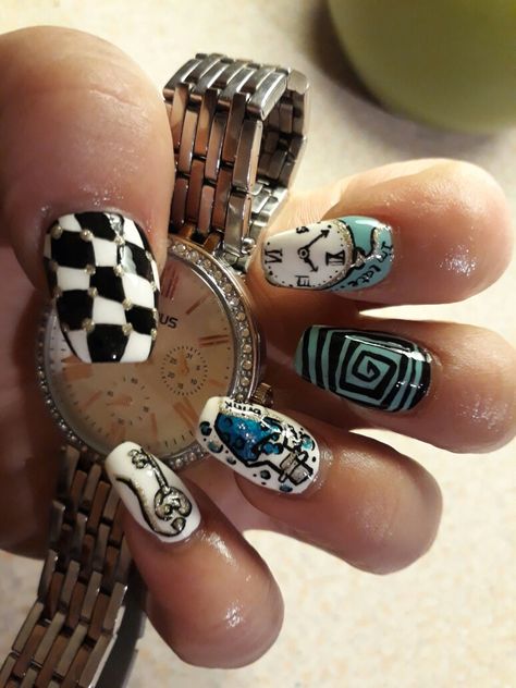 Alice in wonderland nails Alice I Wonderland Nails, Mad Hatter Nail Art, Alice And Wonderland Nails Design, Beyond Wonderland Nails, Alice In Wonderland Nails Simple, Alice In Wonderland Nails Designs, Alice In Wonderland Nails Acrylic, Mad Hatter Nails, Alice In Wonderland Nail Art