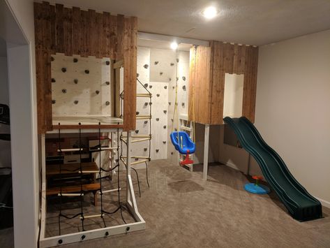 Kids Basement Playset Basement Zipline, Slide In Basement, Basement Play Gym, Basement Treehouse, Sensory Gym At Home, Basement Jungle Gym For Kids, Diy Indoor Playground, Basement Playground, Playroom Gym