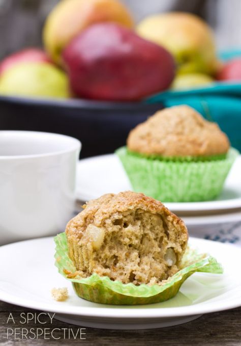 Pear - Applesauce Muffins | ASpicyPerspective.com #muffins #applesauce #apple #breakfast Rhubarb Muffins Recipe, The Best Muffins, Strawberry Rhubarb Muffins, Best Muffins, Pear Muffins, Rhubarb Muffins, Applesauce Muffins, A Spicy Perspective, Simple Muffin Recipe