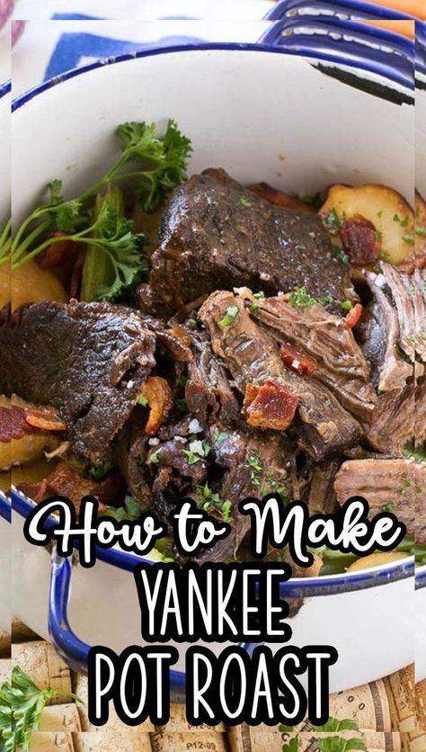 This Yankee pot roast is a beef roast that’s been braised to meltingly tender perfection, seasoned with bacon, and served with potatoes and vegetables. Yankee Pot Roast, Potatoes And Vegetables, Beef Roast, Roast Recipes, Roast Beef, Everyday Food, One Pot Meals, Pot Roast, Sheet Pan