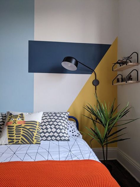 Color Block Headboard, Colour Blocking Walls Bedroom, Bedroom Block Colour Wall, Modern Color Block Wall, Bedroom Colour Blocking, Colour Block Painting Walls, Kids Colourful Bedroom, Green Color Block Wall, Block Colour Wall