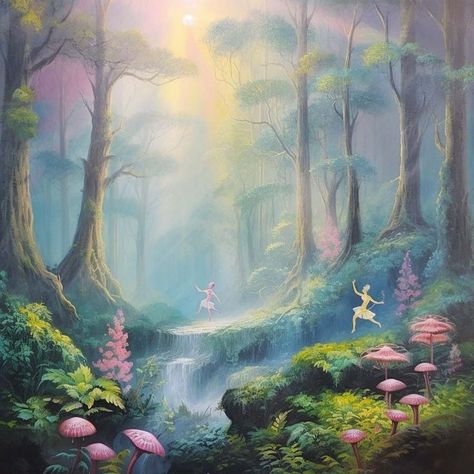 A forest with lots of fog and beautiful plants and ballerinas and a rainbow | pastel color image | illustration image | colorful image Fairytale Landscape Art, Fairy World Painting, Rainbow Fairy Aesthetic, Forest Fairy Painting, Pastel Fantasy Art, Pastel Forest, Faerie Art, Widget Photos, Magical Landscape