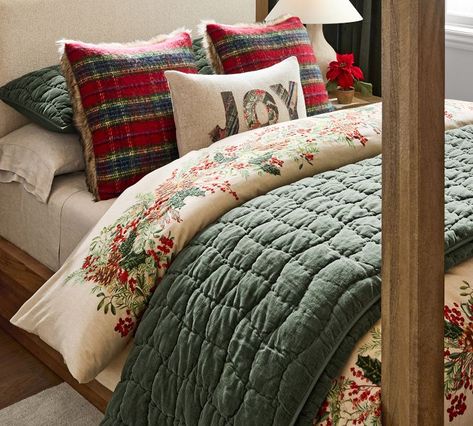 Pair our festive Holly Berry Duvet with velvety chenille and classic plaid for the ultimate holiday bedroom. Holly Berry Wreath Duvet Made from 85% cotton and 15% linen. Reverses to 100% cotton. By choosing our cotton products, you're supporting our investment in Better Cotton's mission. This product is sourced via mass balance and therefore may not contain Better Cotton. Duvet features a hidden button closure with inner ties that keep insert in place; sham features an envelope closure. Duvet co Winter Duvet Covers, Green Christmas Bedroom, Christmas Themed Bedroom, Christmas Bed Set, Christmas Duvet Covers, Plaid Bedroom, Christmas Bedrooms, Pottery Barn Christmas Decor, Holiday Bedding