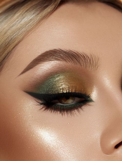 Gorgeous 26 Green Eye Makeup Ideas For Christmas In 2023 Makeup For Emerald Dress, Green Christmas Eye Makeup, Green Eye Shadow For Brown Eyes, Makeup For Green Outfit, Gold Christmas Makeup, Gold And Green Eye Makeup, Green And Gold Makeup Looks, Soft Green Makeup, Green Gold Eyeshadow