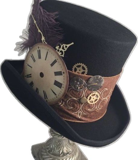 Catherine Pinkerton, Steampunk Mad Hatter, Steampunk Hatter, Roman Numeral Clock Face, Mad Hatter Top Hat, Steampunk Shop, Steampunk Clothes, Moda Steampunk, Steampunk Hats