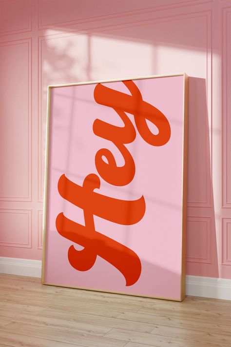 Hey Poster Pink and Red Welcome Print Retro Home Decor Red and Pink Girls Room Decor by PinkVanillaDesign on Etsy Pink And Red Bedroom, Pink Girls Room, Pink Girl Room Decor, Red Interior Design, Pink Girl Room, Bright Decor, Poster Pink, Bedroom Red, Pink Posters