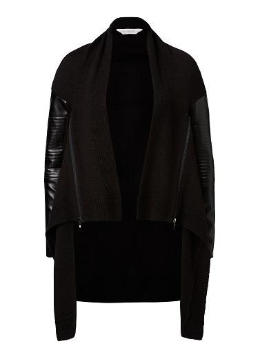 Wool/Acrylic Leather Look Zip Cardigan. Comfortable fitting silhouette features draped front lapels, vertical front zippers with leather look panels on sleeves. Available in Black as seen below. Leather Cardigan, Womens Knitwear, Black Leather Top, Leather Sleeves, Winter Mode, Zip Cardigan, Seed Heritage, Leather Sleeve, Sleeve Cardigan