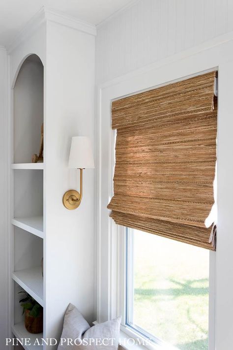 Woven Shades - The Perfect Window Covering - Pine and Prospect Home Woven Wood Roller Shades, Select Blinds Woven Shades, Woven Shades Bedroom, Woven Shades Living Room, Cottage Style Sunroom, Window Bench Diy, Window Seat Diy, Cottage Blinds, Woven Roller Shades