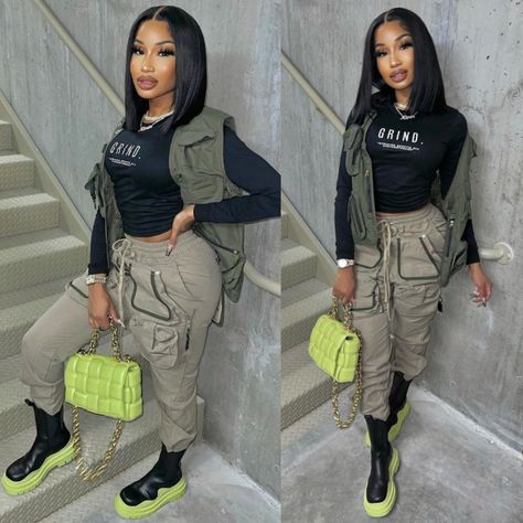 November Birthday Outfit Women, Camouflage Cargo Jeans For Streetwear In Fall, Green Vest Outfits For Women, Baddie Jumpsuit Outfit With Jacket, Camouflage Hooded Top For Streetwear, Fall Camouflage Streetwear Outerwear, Fall Plus Size Outfits 2022 Black Women, Summer Outfits Black Women, Karin Jinsui