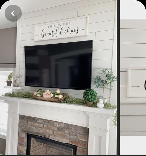 Brick Fireplace With Tv Above, Mantle Decor With Tv, Bookcase Fireplace, Country Apartment, Spring Fireplace, Farmhouse Fireplace Decor, Fireplace Inspiration, Tv Over Fireplace, Fireplace Redo