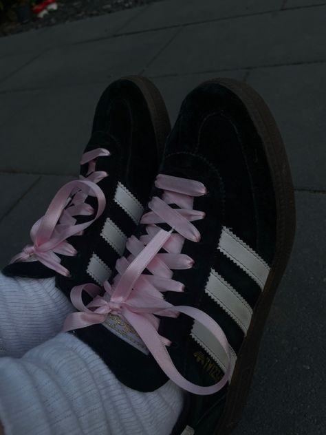 love the new adidas spezail laces 🎀🎀🎀 Black Adidas Samba Ribbon, Adidas Sambas With Ribbon Laces, Black Sambas Pink Ribbon, Black Sambas Pink Laces, Sambas With Pink Laces, Bow Shoe Laces, Adidas Samba Ribbon Laces, Adidas With Ribbon, Adidas Ribbon Laces