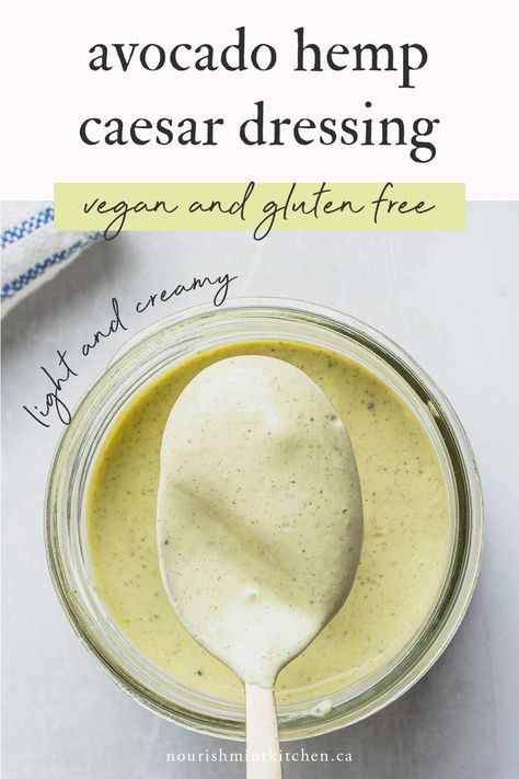 This creamy avocado hemp caesar dressing is made with nourishing ingredients, and packed with healthy fats! Hemp seeds and avocado are blended with garlic and lemon juice to create a light and creamy caesar salad dressing that tastes just like a classic caesar (minus the inflammatory oils)! Caesar Dressing Healthy, Healthy Caesar Salad Dressing, Hemp Seed Dressing, Inflammatory Oils, Creamy Caesar Salad, Healthy Caesar Salad, Temple Food, Vegan Dressings, Homemade Salad Dressing Healthy