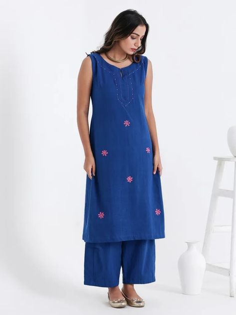 Buy Blue Hand Embroidered Cotton Kurta with Pants - Set of 2 | BBKSR12/BEB11JAN | The loom Mul Dresses, Sleeveless Kurta Set, Jamdani Dress, Sleeveless Kurta, Kurta Palazzo Set, Handloom Weaving, Palazzo Set, Cotton Crafts, Designer Party Wear Dresses