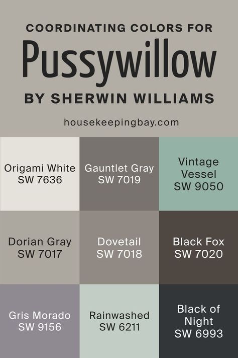 Sherwin-Williams Pussywillow SW 7643 Coordinating Colors Pussywillow Sherwin Williams Color Scheme, Dovetail Sherwin Williams Coordinating Colors, Pussywillow Sherwin Williams Cabinets, Dovetail Cabinets Sherwin Williams, Pussywillow Sherwin Williams Exterior, Sherwin Williams Pussywillow, Pussywillow Sherwin Williams, Sw Origami White, Sherwin Williams Dovetail