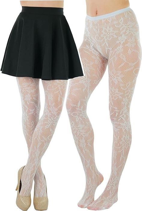 ToBeInStyle Women's Fine Fishnet Seamless Tights - Floral Lace Chantilly - White - One Size at Amazon Women’s Clothing store Tights Floral, Elegant Floral, Amazon Women, Floral Lace, Clothing Store, Full Length, Tights, Spandex, Leggings