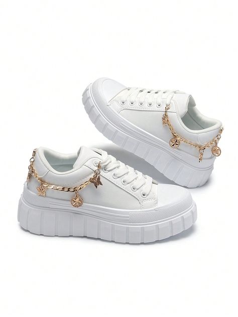 Women's Trendy White Casual Sneakers With Metal Pendant, Thick Platform All-Season Sport Shoes White Sporty        Women Shoes, size features are:Bust: ,Length: ,Sleeve Length: Sporty Women, White Casual Sneakers, Chain Decor, Women Casual Shoes, Women Chain, Casual Sneakers Women, Shoes White, Metal Pendant, White Casual