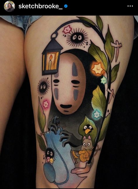 Traditional Studio Ghibli Tattoo, Calsifer Howl Tattoo, Matching Studio Ghibli Tattoos, Hamtaro Tattoo, Miyazaki Tattoos, Ghibli Tattoo Minimalist, Neo Traditional Tattoo Ideas, Ghibli Tattoo Ideas, Studio Ghibli Tattoo Ideas