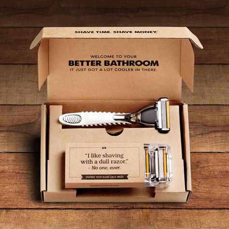 dollar shave club clever packaging Razor Packaging, Kit Packaging, Dollar Shave Club, Gift Box For Men, Best Subscription Boxes, Shaving Kit, Cool Fathers Day Gifts, Custom Interior, Packaging Design Inspiration