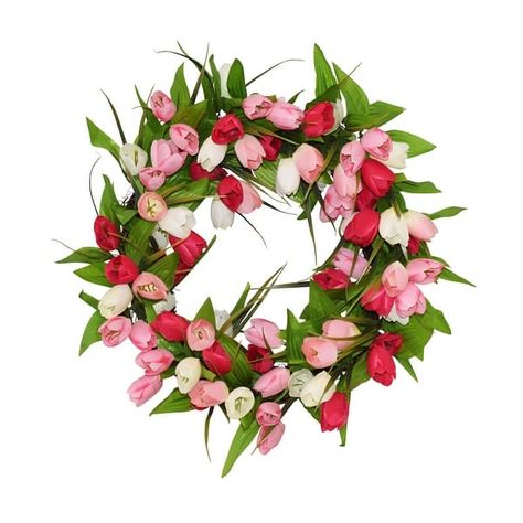 20" Tulip Wreath - Bed Bath & Beyond - 33987268 Tulips Wreath, Pink Tulip Wreath, Victorian Wreath, Silk Tulips, Beautiful Tulips, Tulip Wreath, Wreaths And Garlands, Pillows Flowers, Love And Happiness