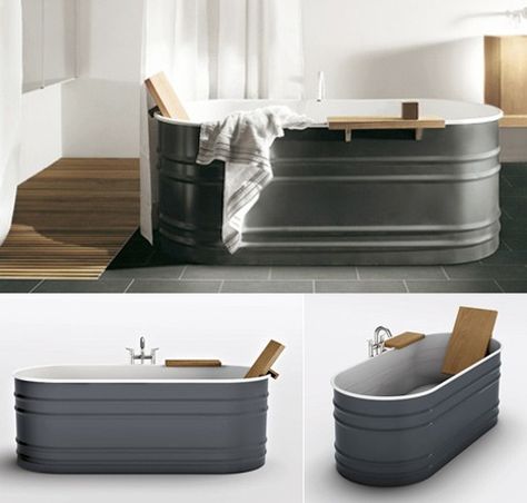 Patricia Urquiola’s Vieques Tub has me wanting to replace my builder’s grade bathtub pronto. Steel tub, with white finish on the inside and dark grey finish on the outside, can be compl… 1860 Farmhouse, Trough Bathtub, Teak Shelf, Pool Paradise, Camper Remodeling, Outdoor Bathtub, American Barn, Steel Tub, Bathroom Remodels