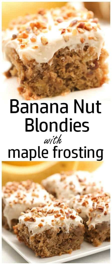 Banana Nut Blondies with Maple Frosting Recipe Easy Banana Desserts, Maple Frosting Recipe, Puding Pisang, Banana Blondies, Banana Desserts, Maple Frosting, Banana Brownies, Resep Brownies, Banana Dessert Recipes