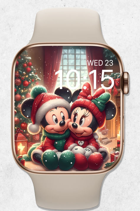 🎄 Get your Apple Watch ready for the holidays with this cute Mickey and Minnie Mouse Christmas Apple Watch Wallpaper. This festive wallpaper showcases the beloved Disney duo hugging each other next to a beautifully decorated Christmas tree, surrounded by sparkling ornaments and holiday decorations. Perfect for Disney lovers and anyone who enjoys the magic of the holiday season! Disney Christmas Watch Faces, Christmas Apple Watch Faces, Christmas Wallpaper Apple Watch, Christmas Apple Watch Face, Apple Watch Wallpaper Christmas, Christmas Apple Watch Wallpaper, Festive Wallpaper, Disney Duos, Christmas Watch