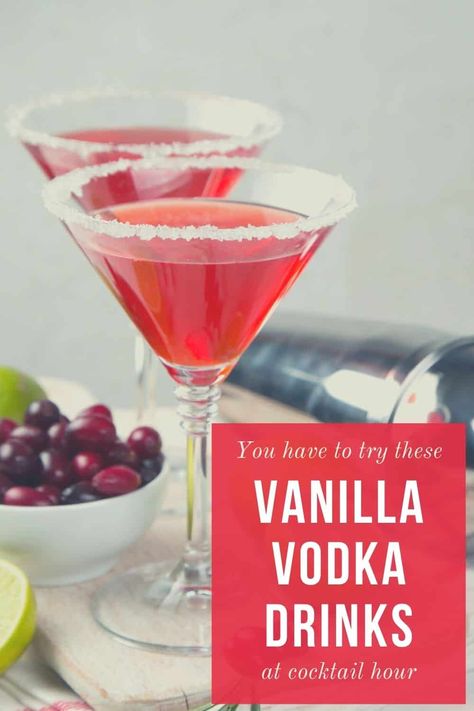 Looking to up your cocktail game? I've rounded up 14 delicious vanilla vodka recipes for every season and occasion. Grab some ice, a glass, a cocktail shaker and a bottle of vanilla vodka and mix up one of these delicious drinks! Also includes a recipe for homemade vanilla vodka. Vanilla Vodka And Amaretto, Absolute Vanilla Vodka Drinks, Martinis With Vanilla Vodka, Vanilla Vodka Recipes Cocktails, Vanilla Vodka Drinks Recipes, Vanilla Vodka Cocktails Easy, Absolut Vanilla Vodka Recipes, Smirnoff Vanilla Vodka Recipes, Vanilla Vodka Martini Recipes