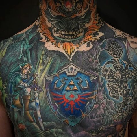 Fawkes & Nuke Best Friends on Instagram: "Incredible Legend of Zelda chest piece by @lord_lexan_tattoos for today's 3rd #triforcetuesday post! Thanks Alex! 🗡 #zelda #zeldatattoo #videogame #videogametattoo #loz #tloz #thelegendofzelda #gamertattoo #gamerink #nintendo #nintendotattoo" Zelda Sleeve Tattoo, Zelda Tattoo Sleeve, Nintendo Tattoo, Video Game Tattoo, Gamer Tattoos, Zelda Tattoo, Spider Tattoo, Personal Narrative, Chest Piece