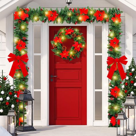 PRICES MAY VARY. Christmas Wreaths Decoration: you will get 1 pcs lighted Christmas wreath with pine cones red berries, 2 pcs Christmas garland with lights, 2 pcs red Christmas bows, and 1 pcs metal hanger, nice in combination will bring an animate and enjoyable ambiance to your home, look gorgeous indoor or outdoor covered porch Realistic and Exquisite: our Christmas door wreath is made of PE synthetic fir and PVC material, providing you with incredibly realistic spruce branch tips, also adorne Xmas Bows, Holiday Fireplace, Christmas Lights Garland, Christmas Wreaths With Lights, Christmas Wreath Bows, Christmas Decorations Garland, Christmas Decorations Wreaths, Christmas Front Doors, Christmas Door Wreaths