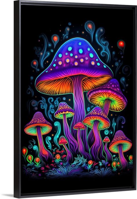 Shroom Drawings, Blacklight Art, Mushroom Painting, Sugar Skull Artwork, Canvas Art Painting Acrylic, Mushroom Wallpaper, Glow Paint, Black Canvas Paintings, Dark Paintings