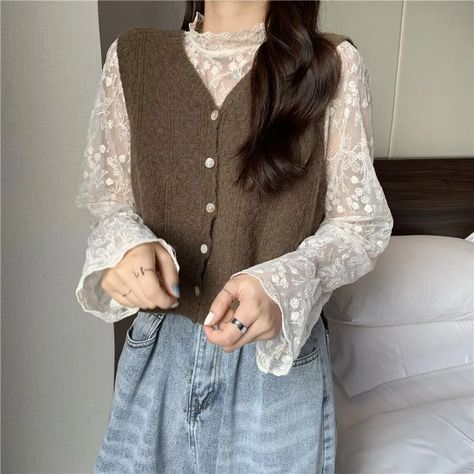 Modest Outfit, Sleeveless Sweater Vest, Mesh Long Sleeve Top, Pullover Outfit, Sweater Vest Women, Lace Top Long Sleeve, Mesh Long Sleeve, Mode Inspo, Sleeveless Sweater