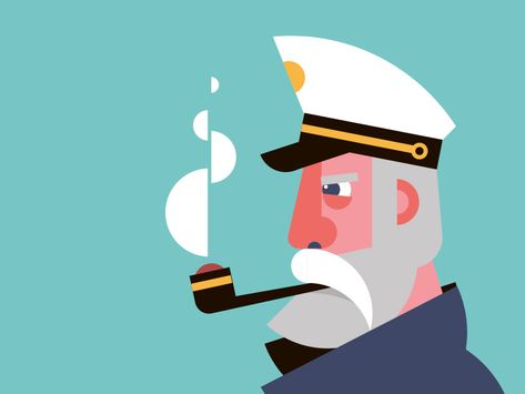 Captain head face character smoke hat beard human ocean simple illustration flat sea Sea Captain Illustration, Sailor Character Design, Captain Illustration, Sailor Character, Sailor Illustration, Beard Illustration, Mural Art Design, Watercolor Mermaid, Illustration Flat