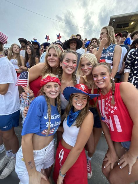 Cute Usa Theme Outfits For School, Football Game Outfit Highschool Usa, Usa Fb Theme, Usa Pep Rally Outfits, America Football Game Outfit, America Football Game Theme, Usa Football Game Outfit, Patriotic Day Spirit Week, Red White And Blue Football Game Outfit