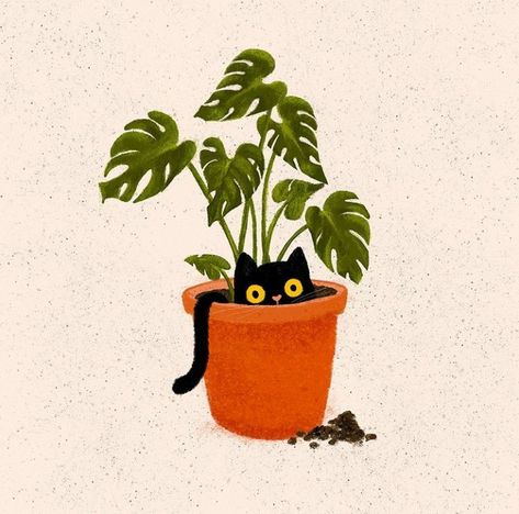 Cat In Garden Illustration, Cat With Plants Tattoo, Cats And Plants Illustration, Simple Plant Painting Ideas, Cat Plant Tattoo, Illustration Art Cat, House Plant Illustration, Plants And Cats, Sleeping Drawing