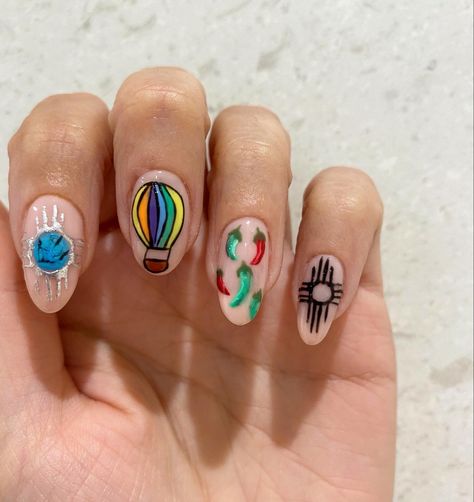 New Mexico themed nails with #zia #hotairballoon New Mexico Nails, Hot Air Balloon Nails, Mexico Nails, Themed Nails, Get Nails, Hot Air Balloon, Air Balloon, How To Do Nails, Hot Air