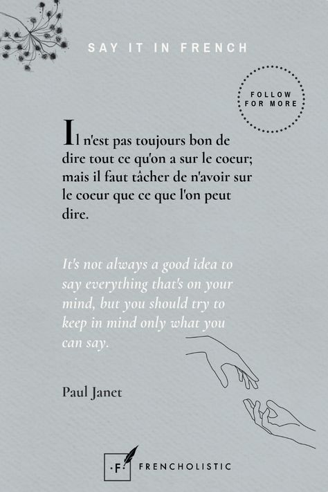 Discover beautiful and inspiring French quotes with their English translations. Looking for a French tutor to help you become fluent? Visit my website to book a lesson or access free resources. www.frencholistic.com/french-tutoring Follow me to discover the wonders of France in one place and let yourself be inspired by its language, fashion, history, style, culture, decor, and more! French Poems With English Translation, Pretty French Quotes, French Poems With Translation, French Poetry With Translation, French Quotes With Translation, French Love Poems, France Quote, Learn French Fast, French Poems