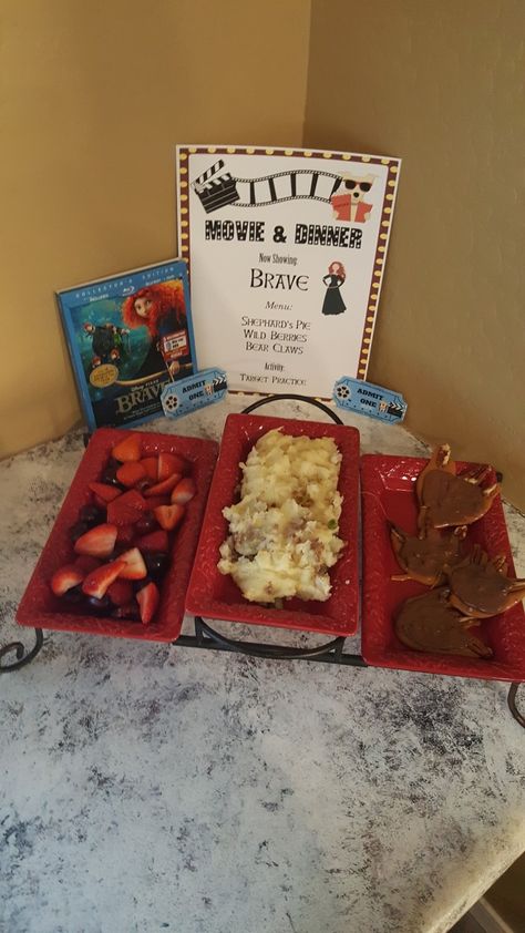 Brave Dinner And A Movie, Brave Movie Night, Disneyland Night, Disney Nights, Movie Meals, Disney Meals, Family Movie Night Themes, Family Movie Night Snacks, Disney Movie Night Menu