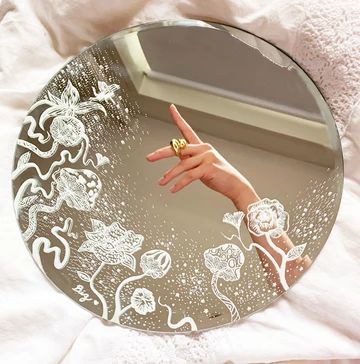 Dreamy, handpainted & one of a kind artwork. Immersive mirror compositions evoking surrealism, wonder and magic. Seen here: Enchanted Garden Mirror Mirror Painting Aesthetic, Mirror Painting Ideas, Mirror Paint, Painting Aesthetic, Tanah Liat, Mirror Painting, Enchanted Garden, Acrylic Mirror, Diy Mirror