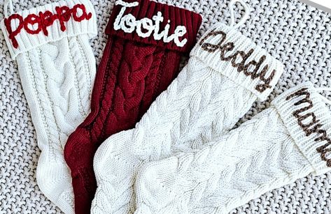 These hand-embroidered Christmas Stockings are personalized with a cursive name and the color yarn of your choice. These knitted stockings will look great in your cozy home holiday season. They come in 2 different colors, Crimson and Marshmellow. They measure 18 inches long and 5 inches wide with a knitted pattern on the sides of the sock. Perfect as a small Christmas gift for family and friends, you can also stuff your Christmas stocking with small gifts!Perfect for a baby's first Christmas too Knitted Stocking, Hand Embroidered Gifts, Stockings With Names, Embroidered Stockings, Family Christmas Stockings, Monogram Stockings, Custom Stocking, Family Stockings, Small Christmas Gifts