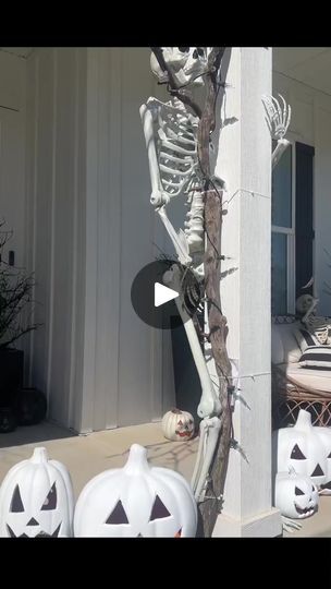 14K views · 321 reactions | Here’s a step by step tutorial on how we put together our Halloween front porch! •We took a walk in the mountains to find large broken branches, which... | By SmartHome Pro | Halloween front porch. We found
large curved branches and attached them to our post using
zip ties. Weaved these flickering flame lights through
the branches, added my skeleton friend and swapped out my
topiaries for these Halloween pre-lit trees. Line to my
stairs with the white pumpkins I used in years previous on my
pumpkin arch and put battery powered lights inside each one
and last but probably my favorite touch was adding the
witches and the flame pumpkins to our lawn to complete the
whole Halloween front Pumpkin Arch, Lit Trees, Battery Powered Lights, Prelit Tree, Battery Powered Light, Halloween Front Porch, The Witches, Fall Decorations Porch, Topiaries