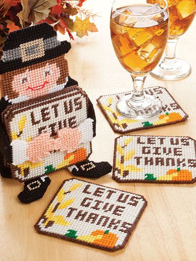 Holiday Character Coaster Sets for Thanksgiving in plastic canvas patterns Cross Stitch Coasters, Thanksgiving Coasters, Holiday Coasters, Dollar Store Christmas Crafts, Plastic Craft, Thanksgiving Projects, Plastic Canvas Coasters, Plastic Canvas Ornaments, Coaster Sets